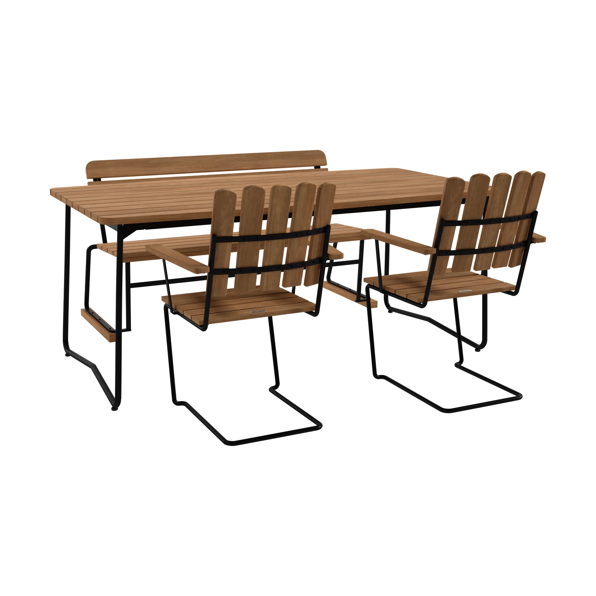 Mesa B31, 170 cm + 2 sillones A2 + sofá 3, teca con bastidor negro,  Grythyttan Stålmöbler