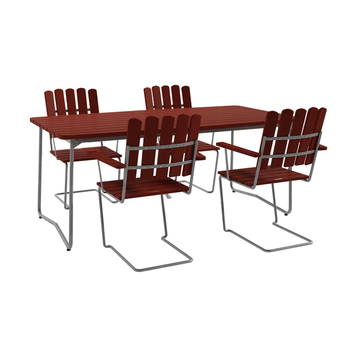 Mesa B31, 170 cm + 4 sillones A2, rojo oscuro-armazón galvanizado en caliente - Grythyttan Stålmöbler