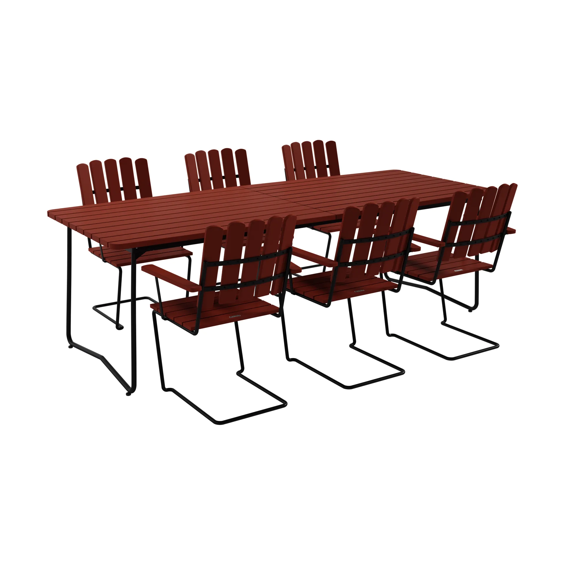 Mesa B31, 230 cm + 6 sillones A2, roble rojo oscuro-negro estructura Grythyttan Stålmöbler