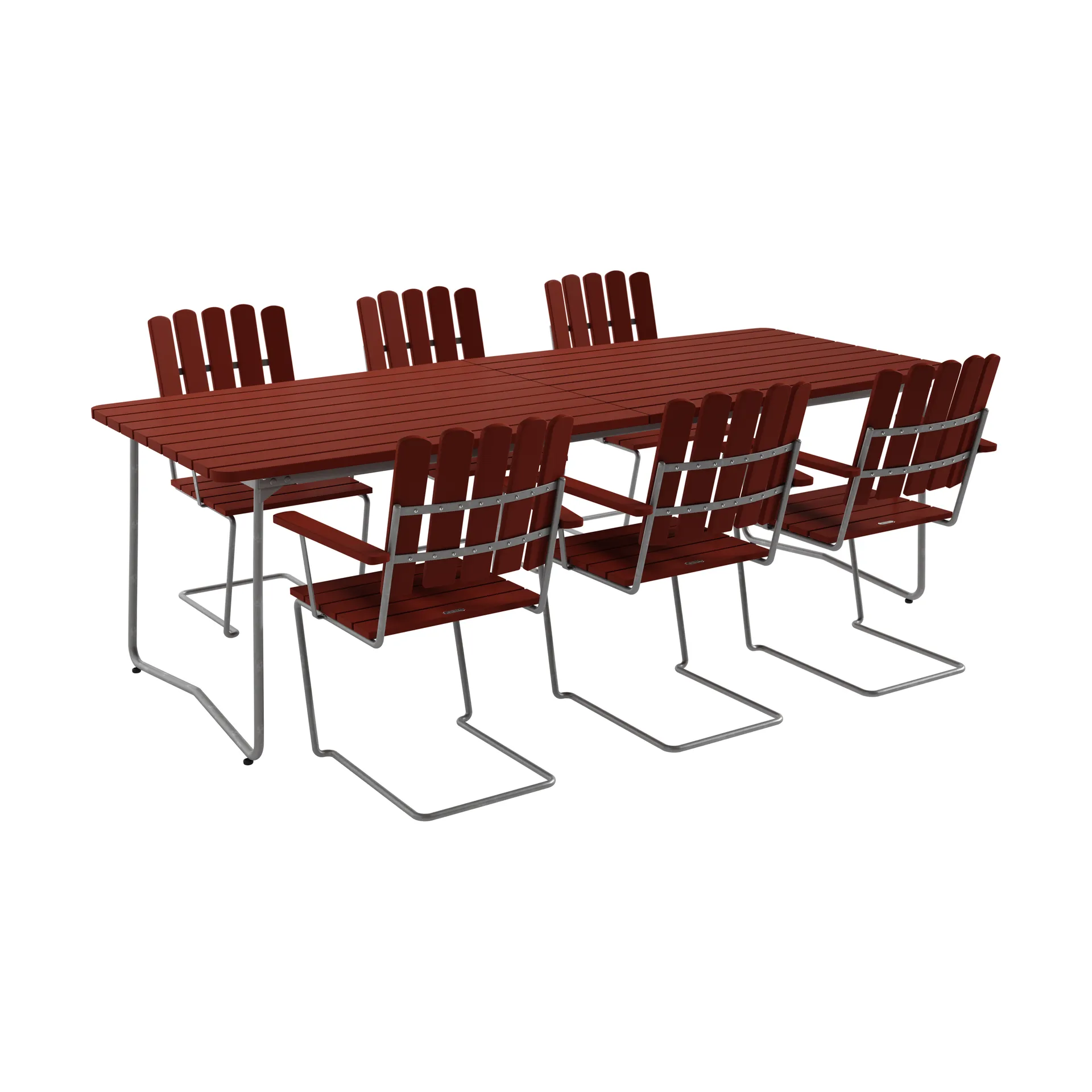 Mesa B31, 230 cm + 6 sillones A2, rojo oscuro-estructura galvanizada en caliente,  Grythyttan Stålmöbler