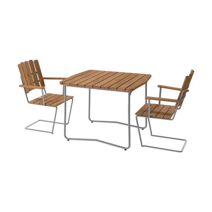 Mesa B31, 92 cm + 2 sillones A2, teca-bastidor galvanizado en caliente - Grythyttan Stålmöbler
