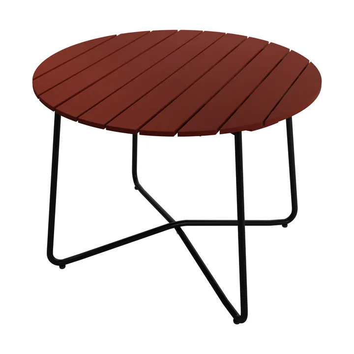 Mesa de comedor 9A - Roble teñido en rojo oscuro con estructura de acero negra, Ø100 cm - Grythyttan Stålmöbler