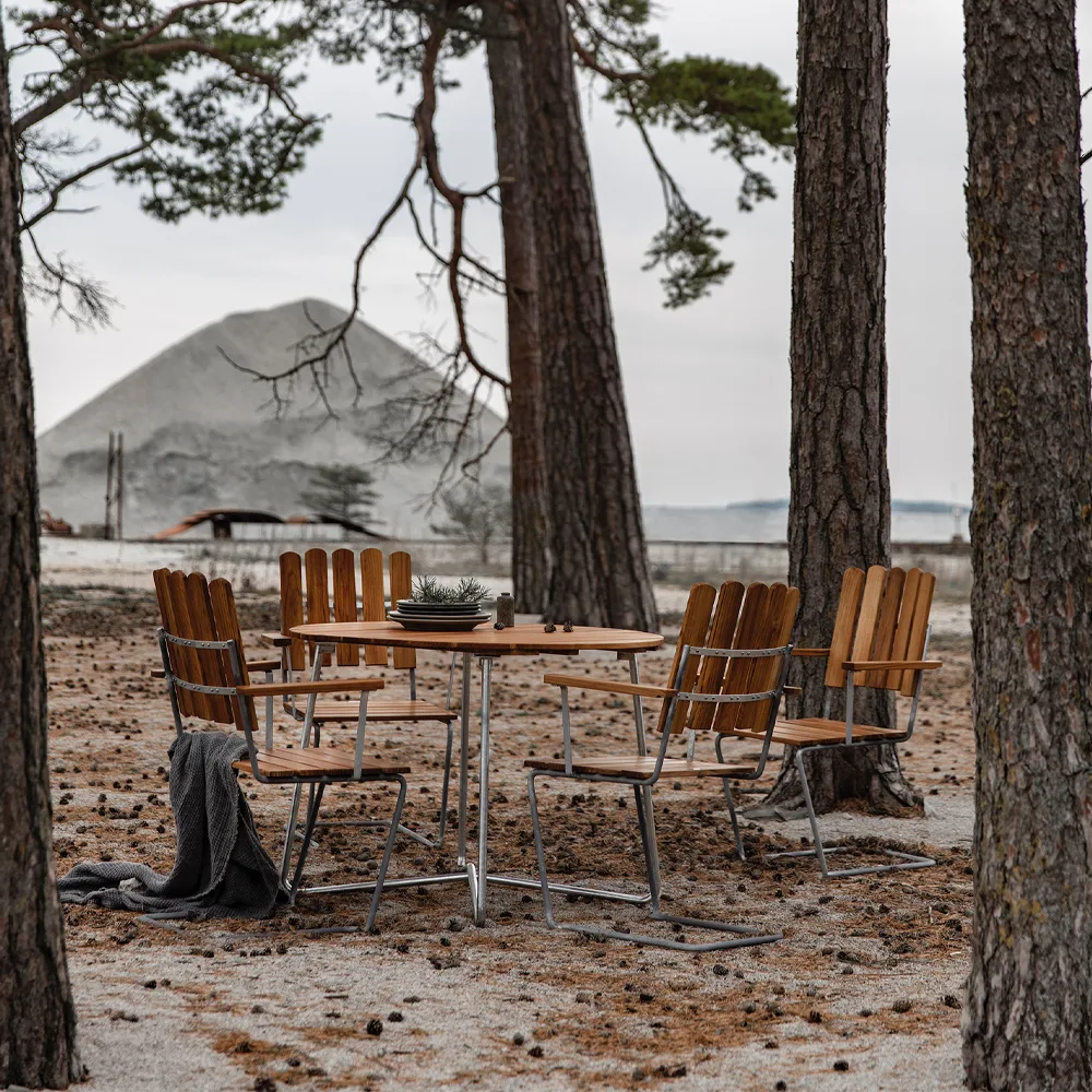 Mesa de comedor 9A, Teak-estructura galvanizada en caliente Ø100 cm Grythyttan Stålmöbler