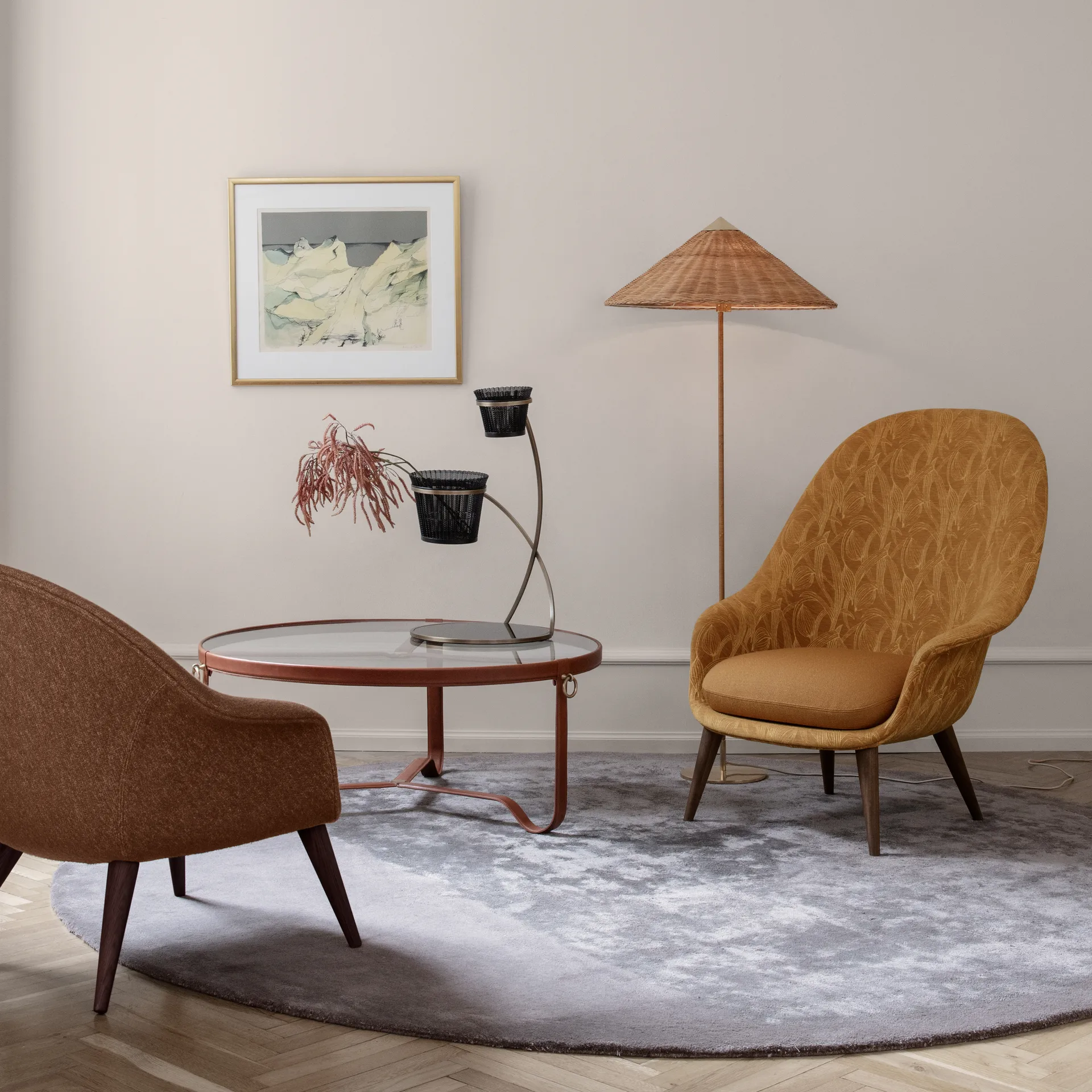 Lámpara de pie 9602, latón-wicker willow GUBI