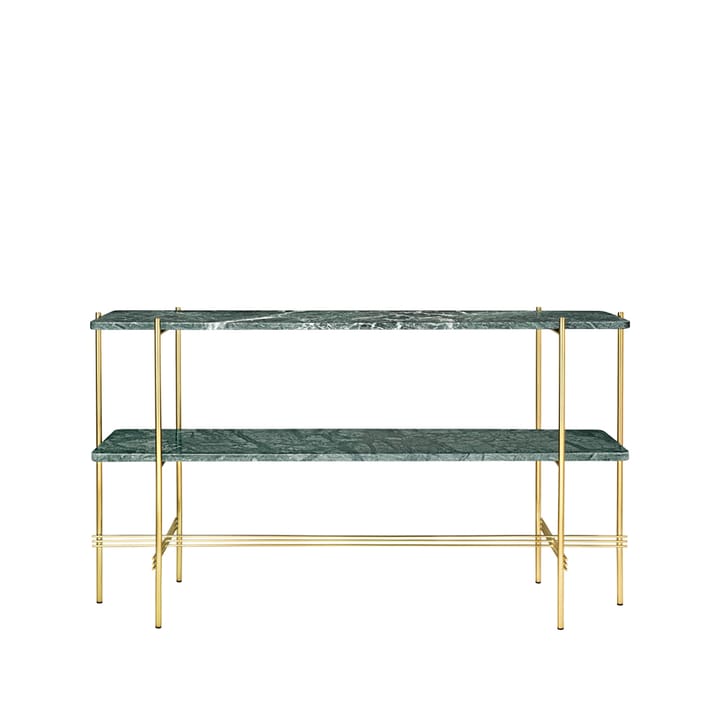 Mesa consola TS 120x30x72 cm
 - Green guatemala marble, base de latón, 2 estantes de mármol - GUBI