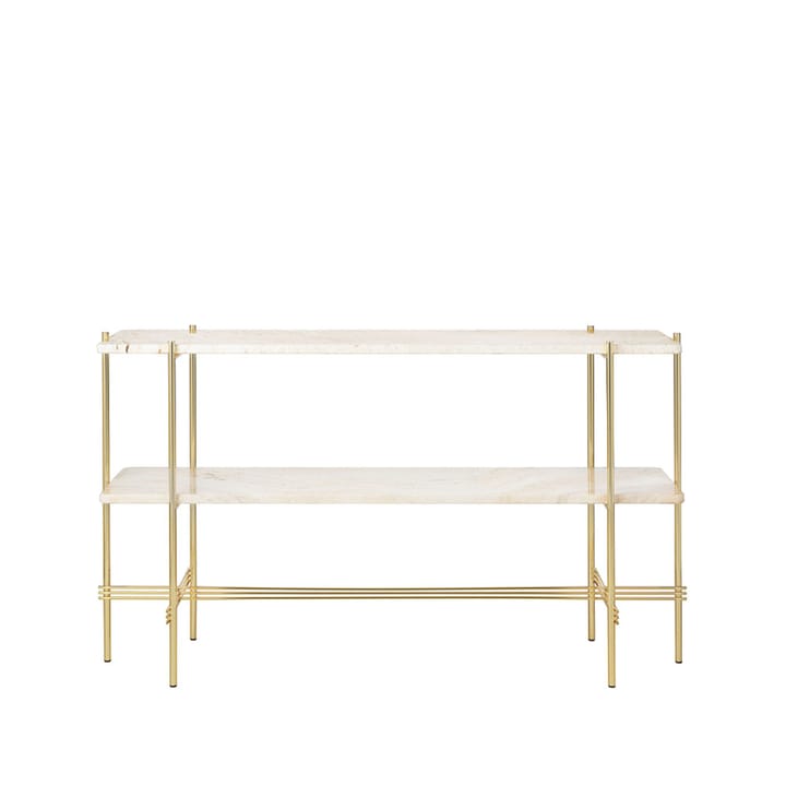 Mesa consola TS 120x30x72 cm - Natural white travertine, base de latón, 2 estantes de mármol - GUBI