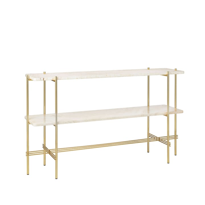 Mesa consola TS 120x30x72 cm, Natural white travertine, base de latón, 2 estantes de mármol GUBI