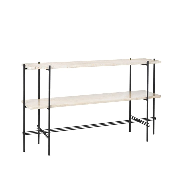 Mesa consola TS 120x30x72 cm, Natural white travertine, base negra, 2 estantes de mármol GUBI