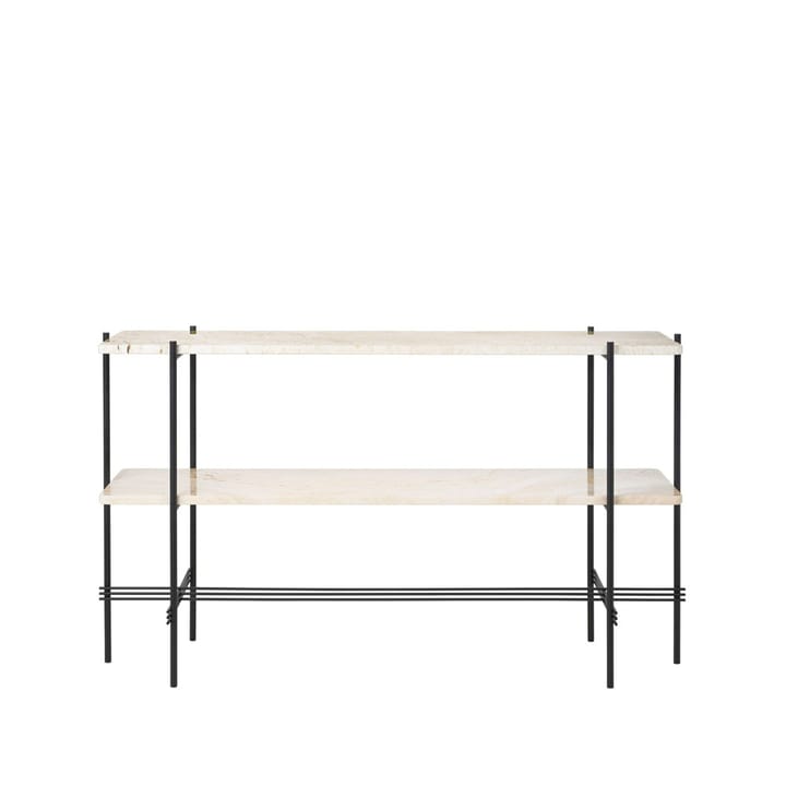 Mesa consola TS 120x30x72 cm - Natural white travertine, base negra, 2 estantes de mármol - GUBI