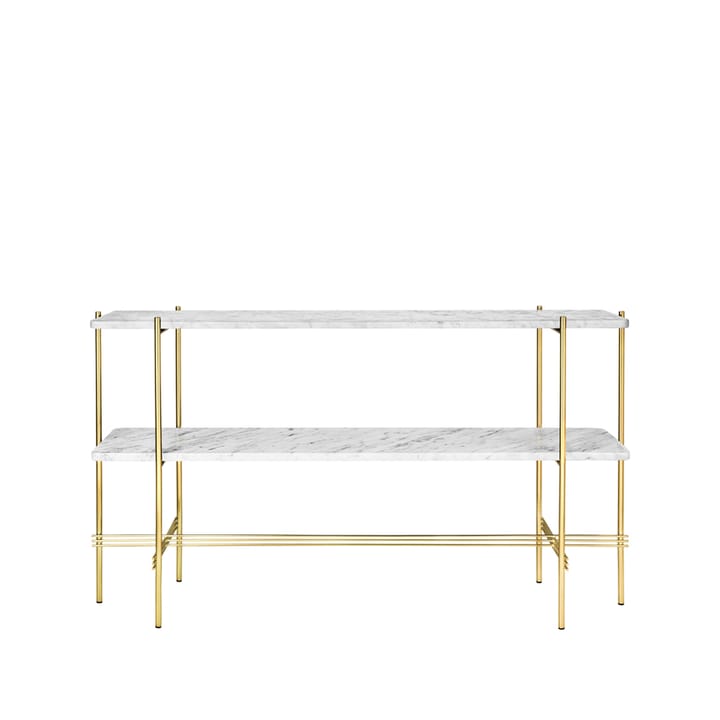 Mesa consola TS 120x30x72 cm - White carrara marble, base de latón, 2 estantes de mármol - GUBI