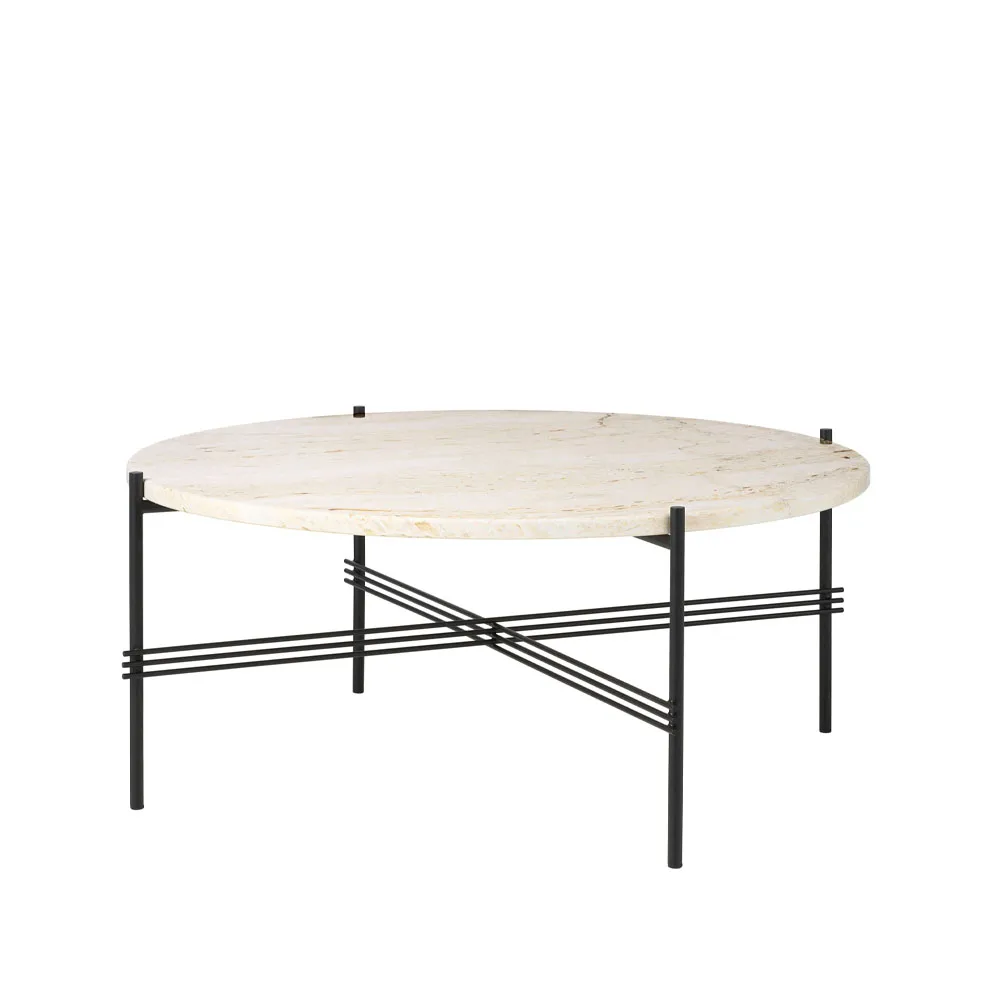 Mesa de centro TS Round, Natural white travertine, ø80, base negra GUBI