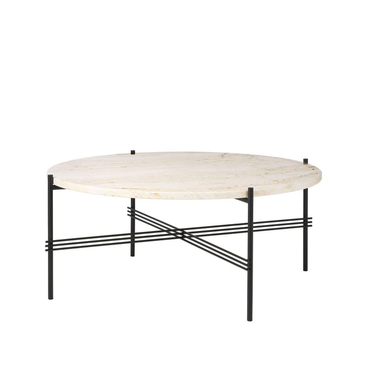 Mesa de centro TS Round - Natural white travertine, ø80, base negra - GUBI