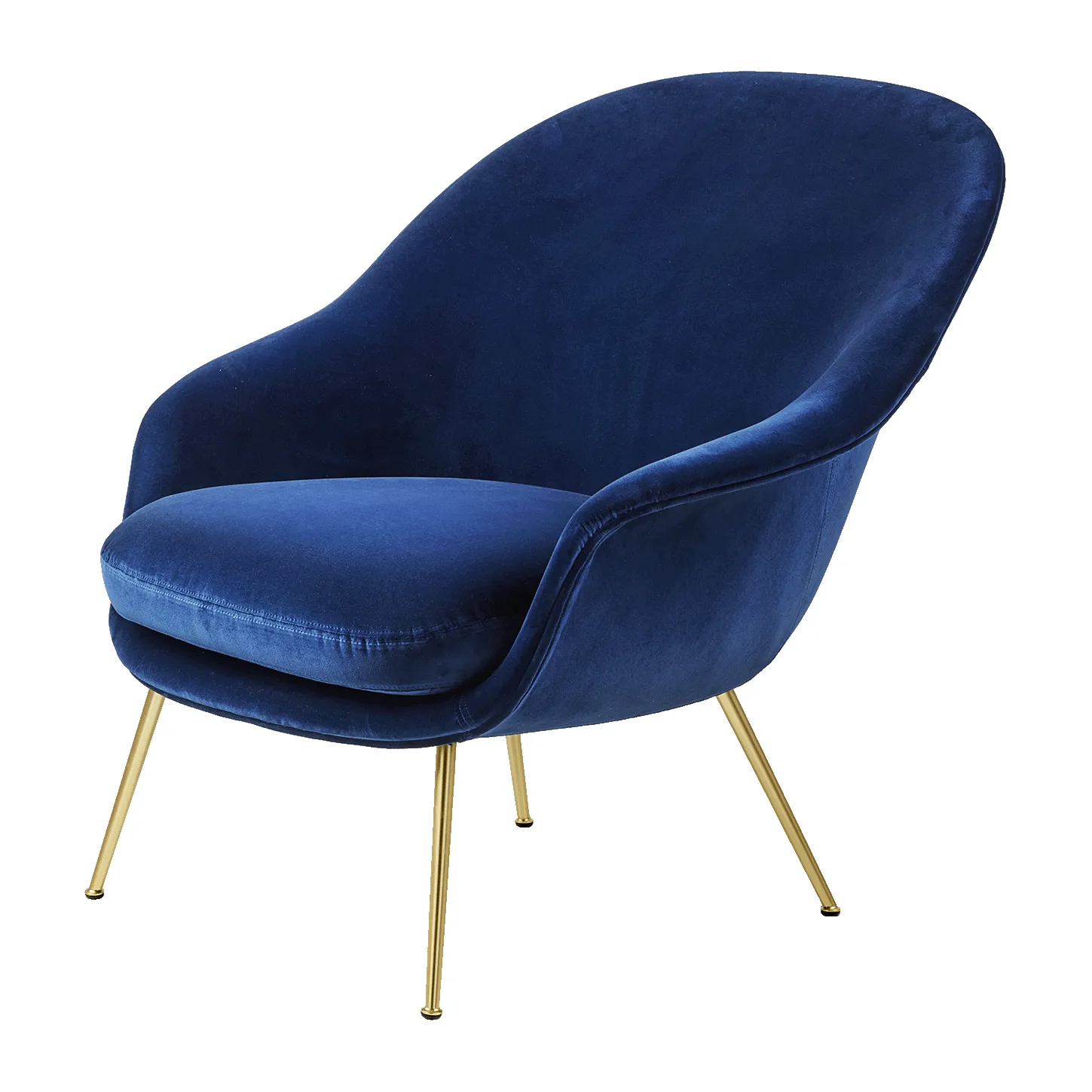 Silla Bat Lounge Chair low back conic base, Velvet 420 sapphire blue-brass GUBI