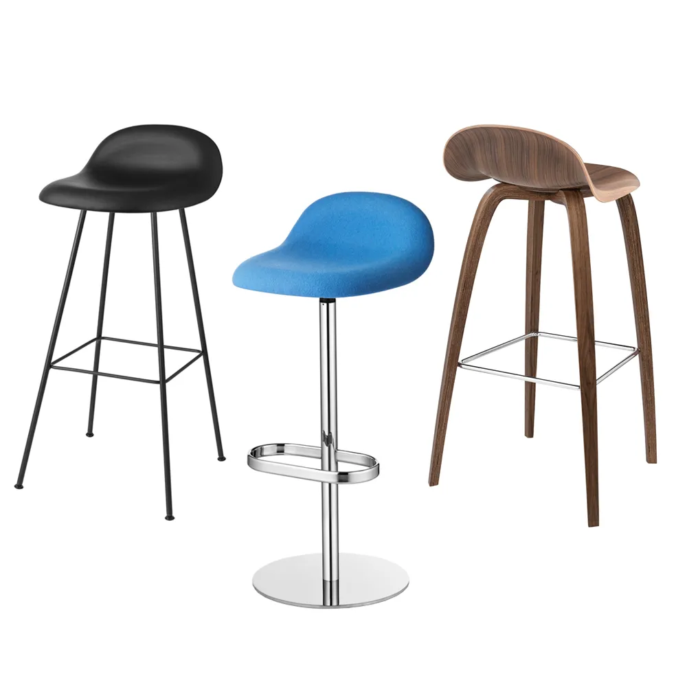 Taburete bar Gubi 3D alto, Oak matt lacqured, piezas de acero cromado GUBI