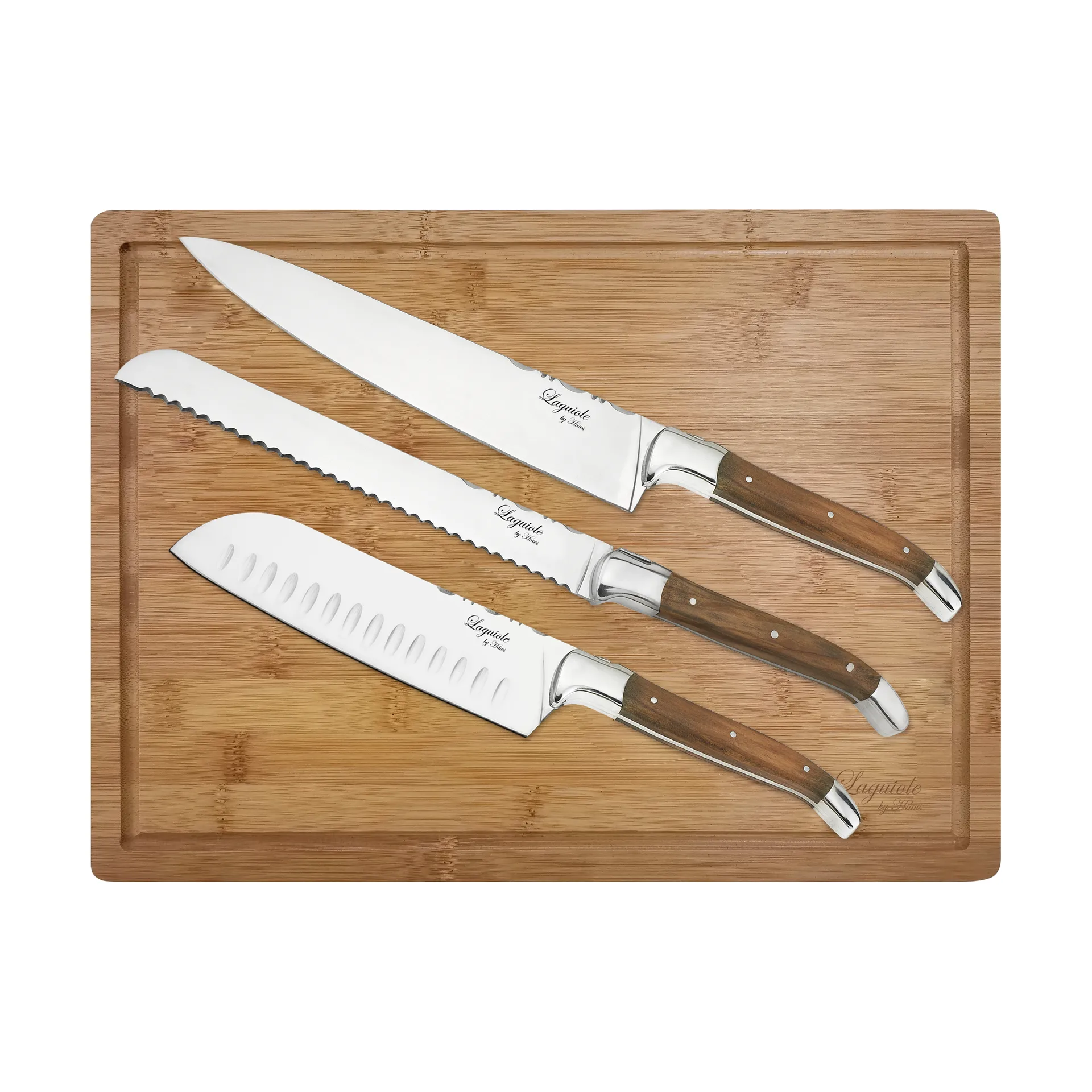 Cuchillos de chef Laguiole By Hâws con tabla de cortar, 4 piezas, Olivo-acero inoxidable-bambú Hâws