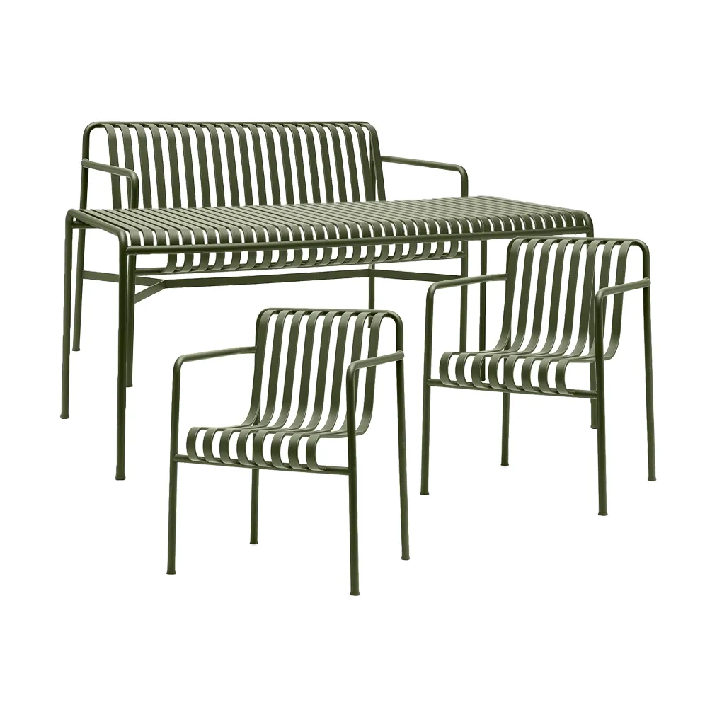 Conjunto de comedor Palissade 2 sillas con reposabrazos Dining + banco 170x90 cm, olive,  HAY