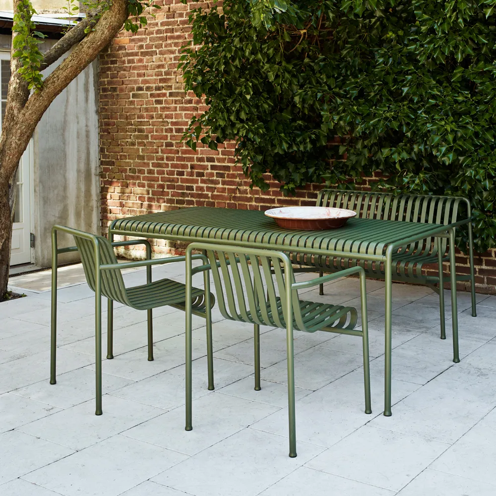 Conjunto de comedor Palissade 2 sillas con reposabrazos Dining + banco 170x90 cm, olive,  HAY