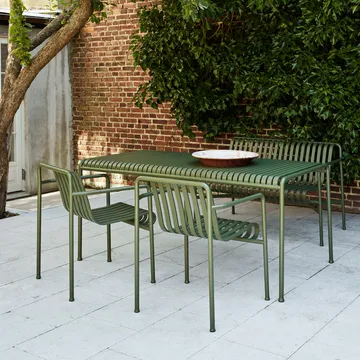 Conjunto de comedor Palissade 2 sillas con reposabrazos Dining + banco 170x90 cm, olive - HAY