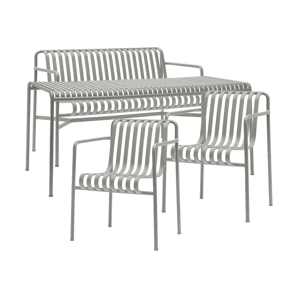 Conjunto de comedor Palissade 2 sillas con reposabrazos Dining + banco 170x90 cm, sky grey,  HAY