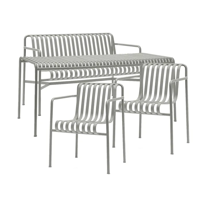 Conjunto de comedor Palissade 2 sillas con reposabrazos Dining + banco 170x90 cm, sky grey - HAY