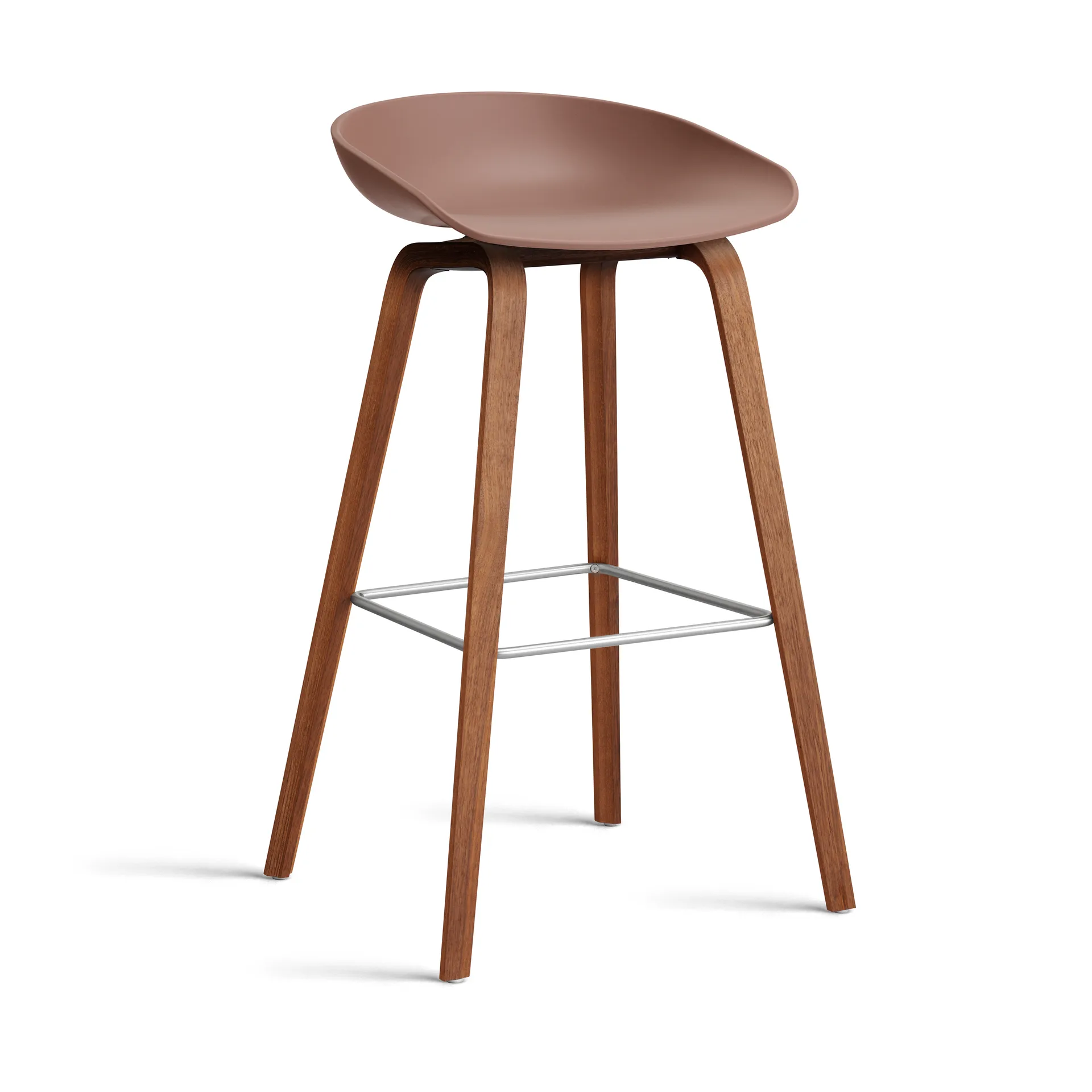 Taburete alto About a Stool 32 con base de nogal 2.0, Ladrillo suave-soporte de acero inoxidable HAY