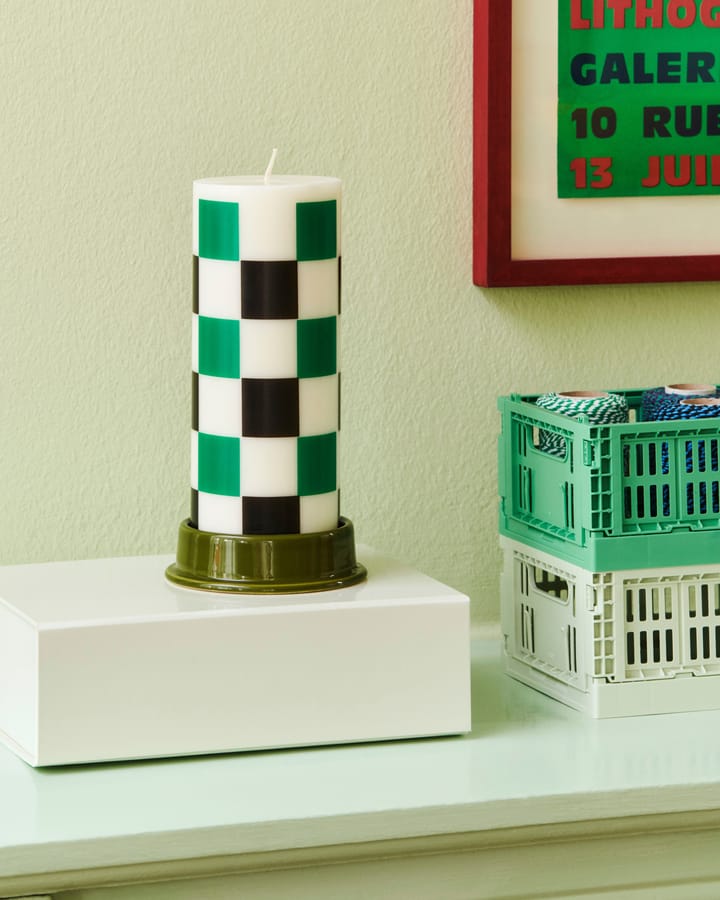 Vela gruesa Column Candle medium 20 cm, Off white-green-black check HAY