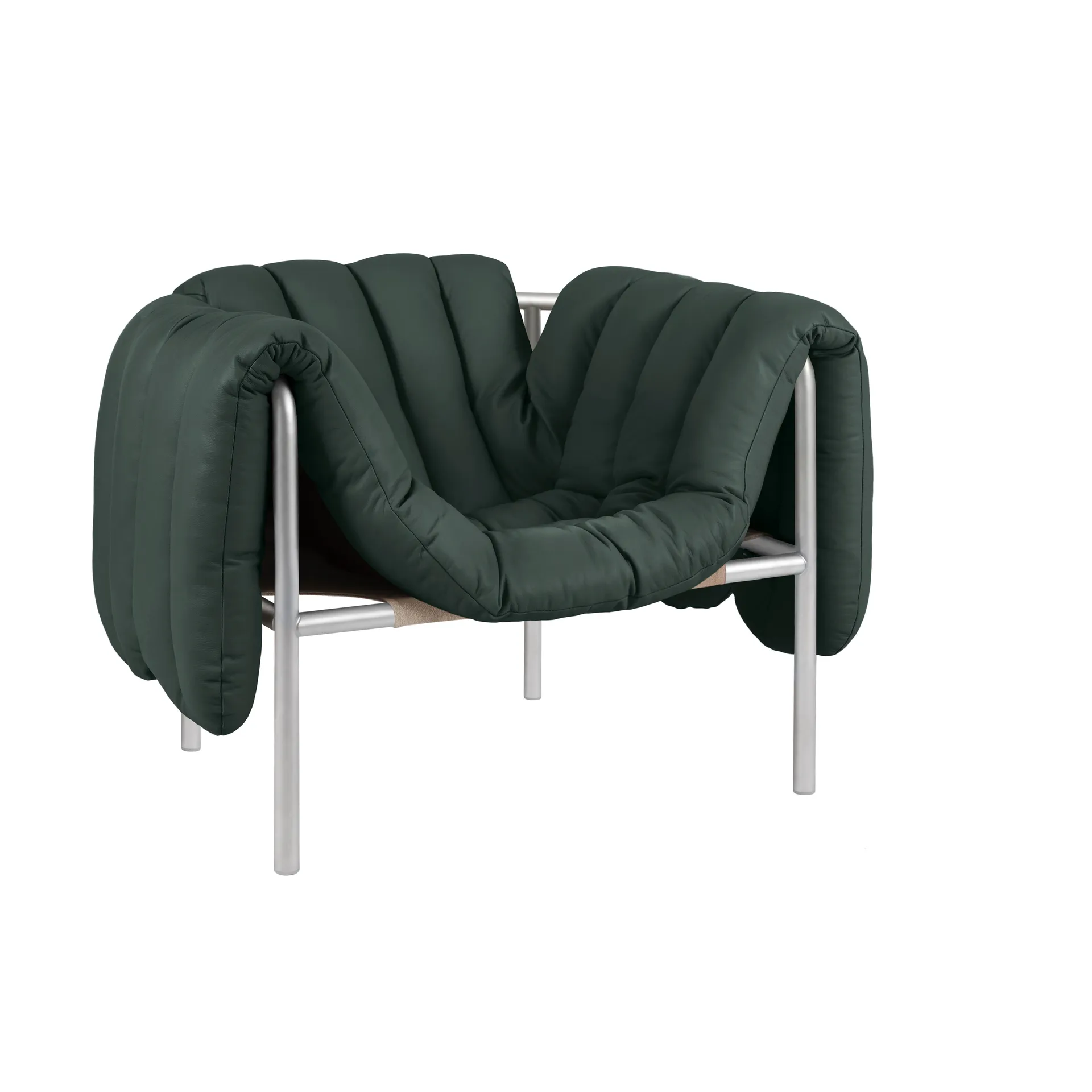 Butaca Lounge Puffy, Dark green leather-acero inoxidable Hem