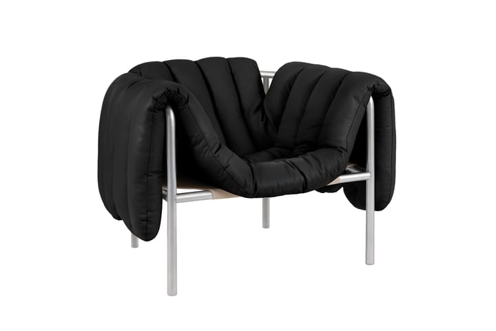 Sillón lounge Puffy, Black leather-acero inoxidable Hem