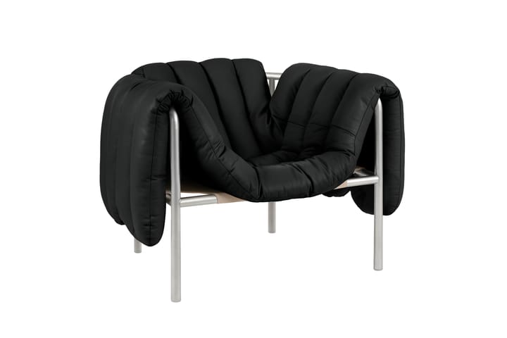 Sillón lounge Puffy, Black leather-acero inoxidable Hem