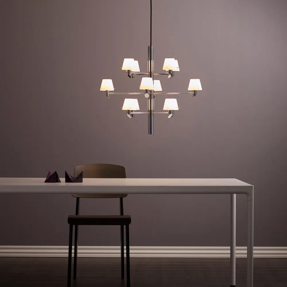 Lámpara araña Gil krona 12, Cromo-cristal opalino Herstal