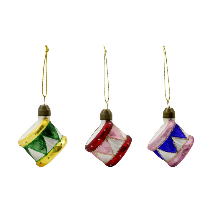Adorno colgante navideño Drum, 3 piezas - Azul, verde, rojo apagado - House Doctor