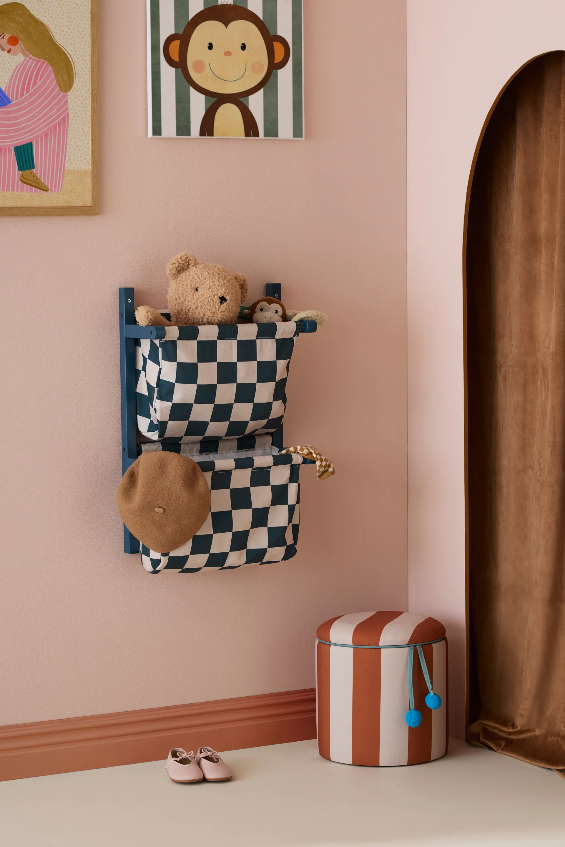 Estante con bolsillos de tela a cuadros, Turquesa, 40 × 19 × 60 cm Kid's Concept