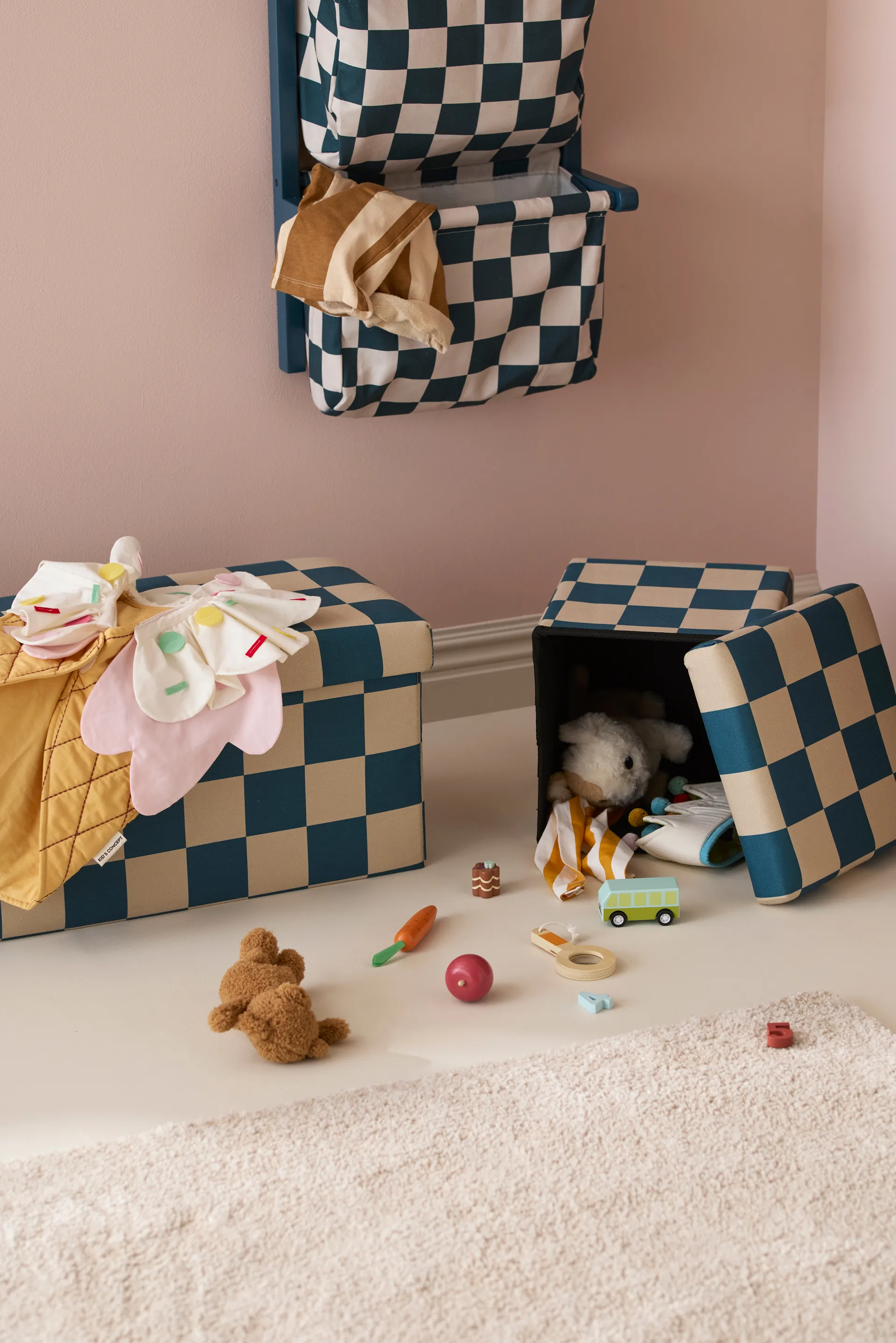 Puf con almacenaje a cuadros, Turquesa, 80x30x30 cm Kid's Concept