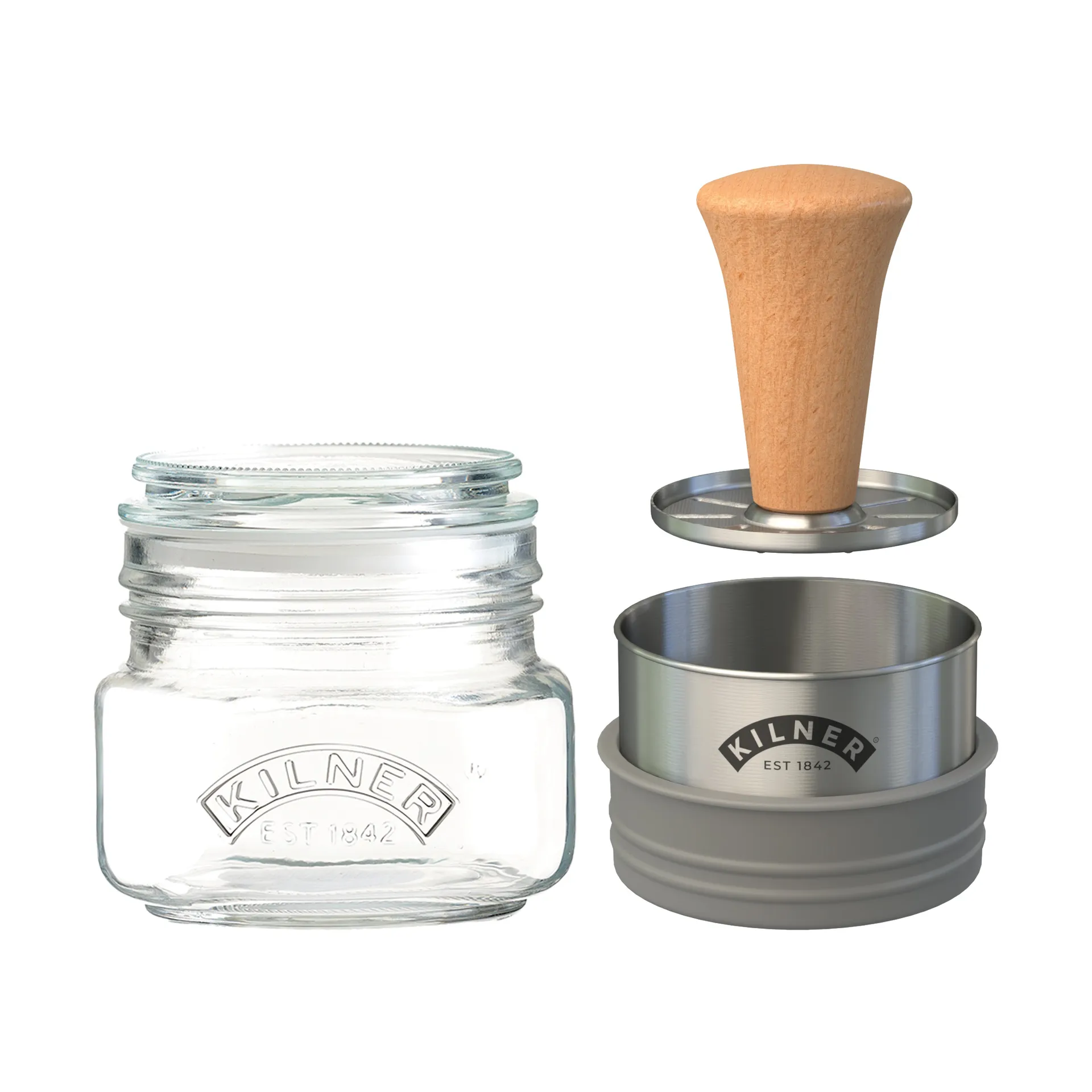 Set de tarros de almacenamiento Kilner Mash & Store, Transparente-acero inoxidable-madera, 0,5 L Kilner