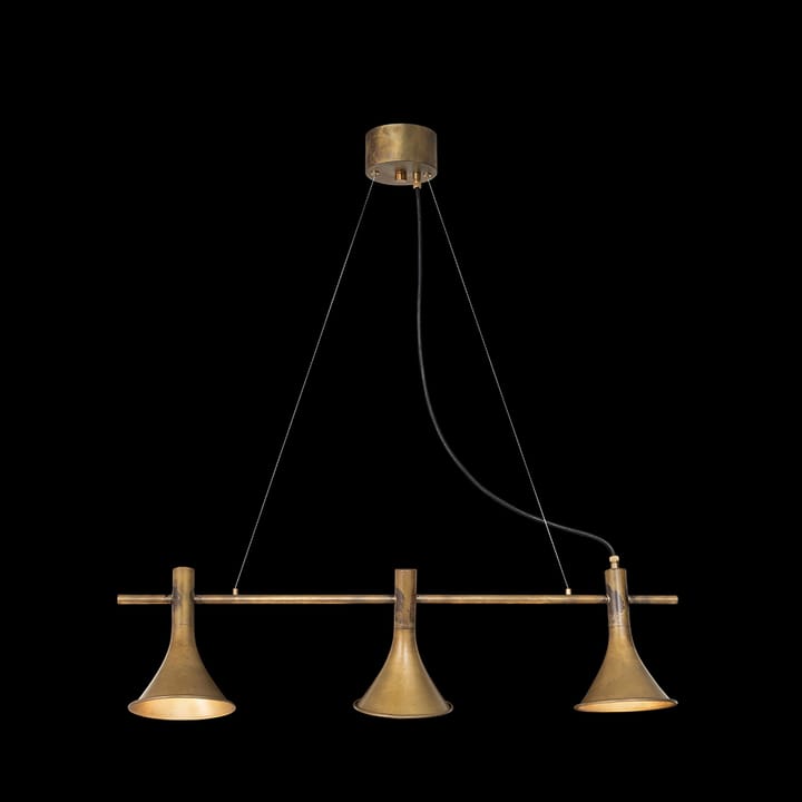 Lámpara colgante Megafon 3 luces en línea, Latón crudo Konsthantverk