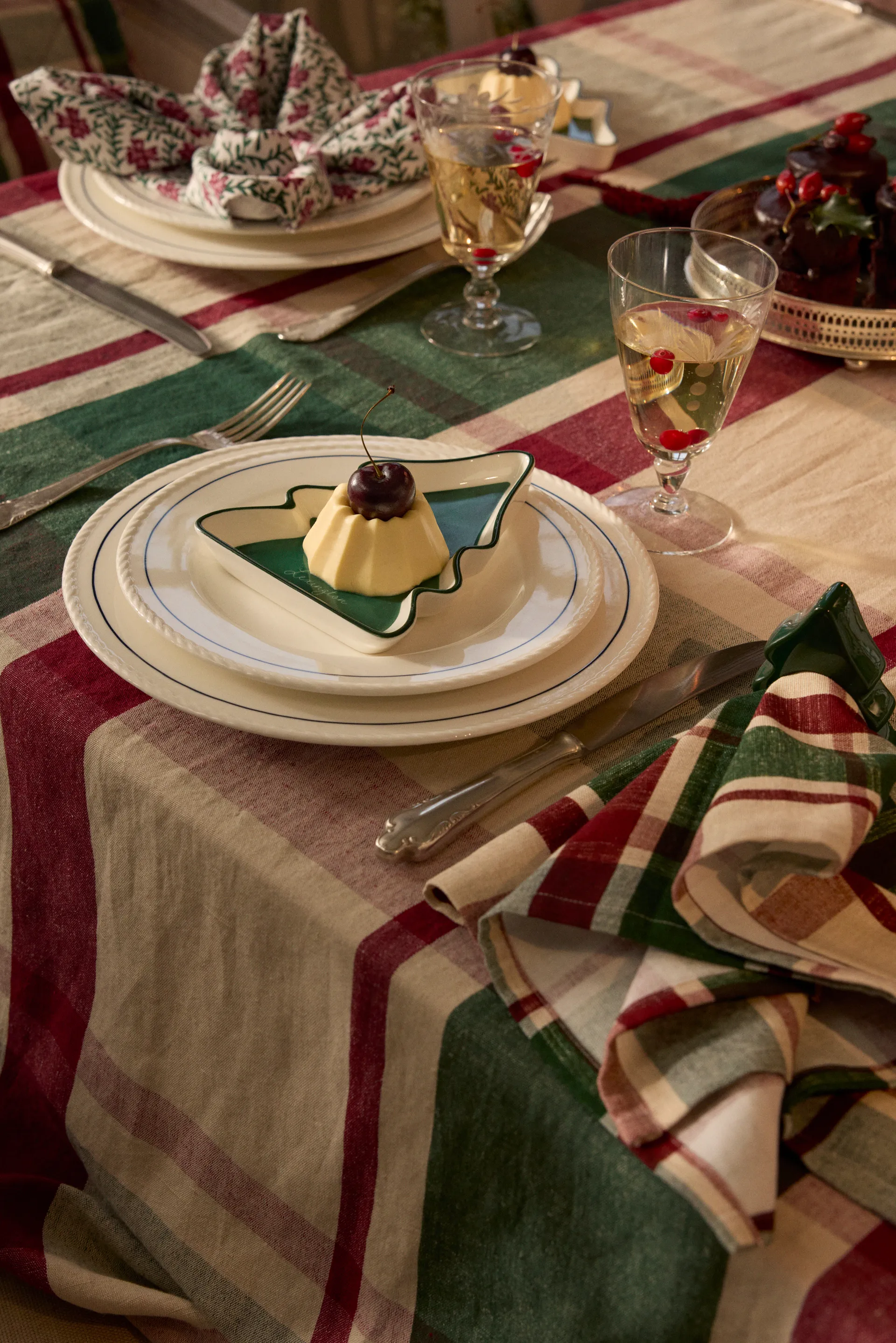 Camino de mesa Checked de algodón ecológico 50x150 cm, Green-red-beige Lexington