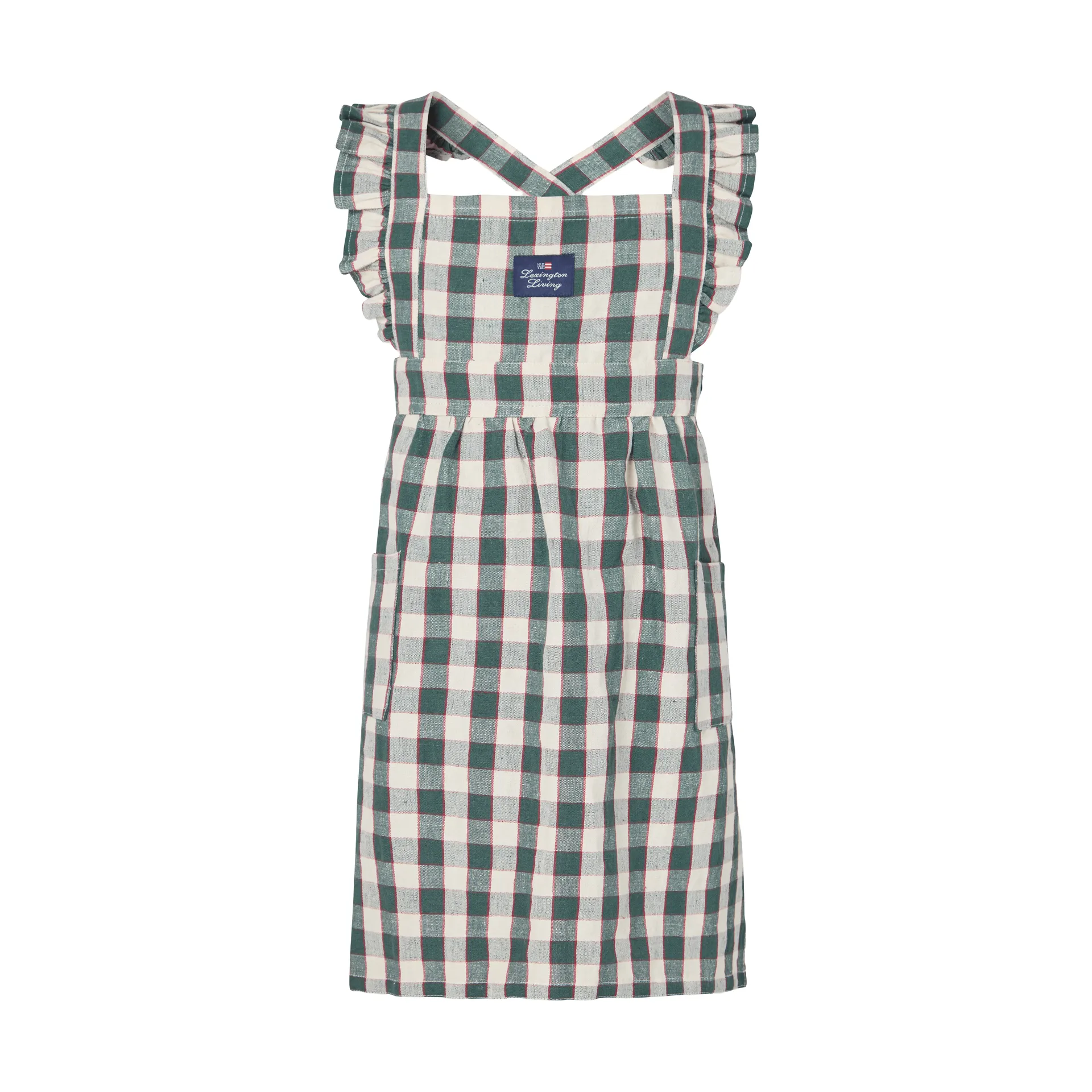 Delantal infantil de algodón y lino Checked, Green-Light beige-red, 4-6 años Lexington