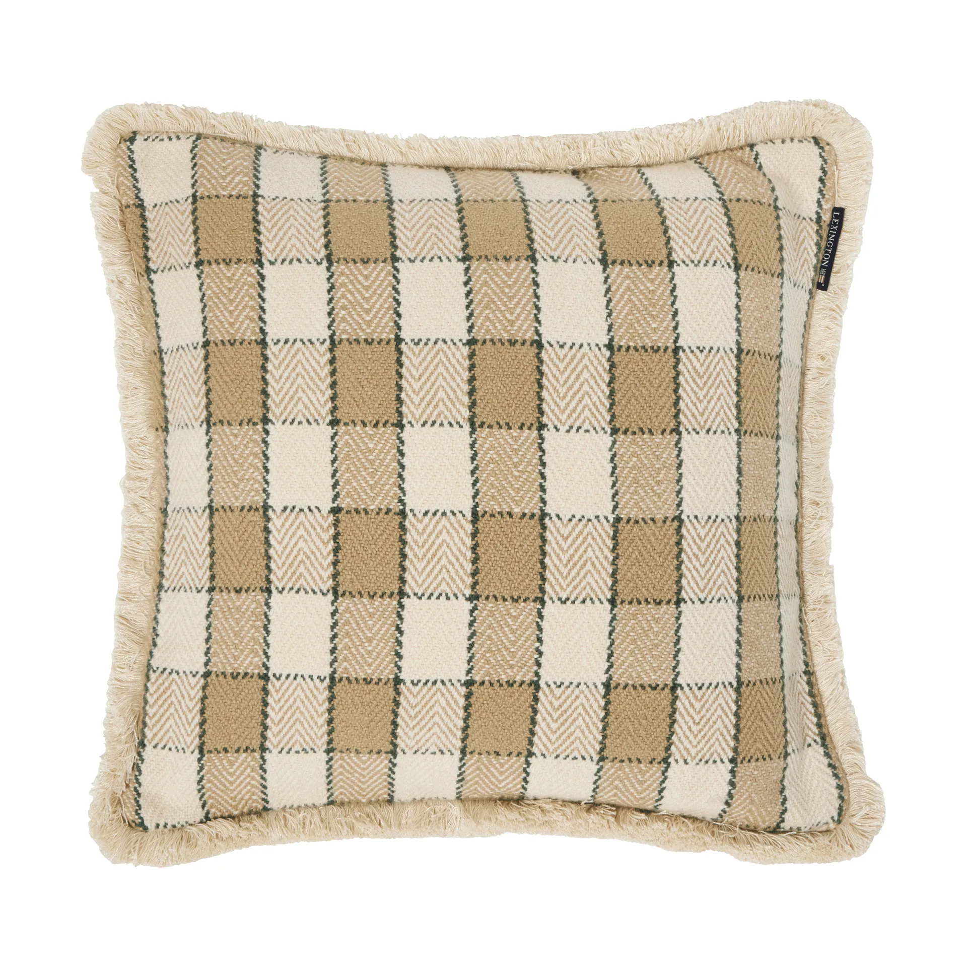 Funda de cojín Checked organic cotton fringe, Beige-light beige-green Lexington