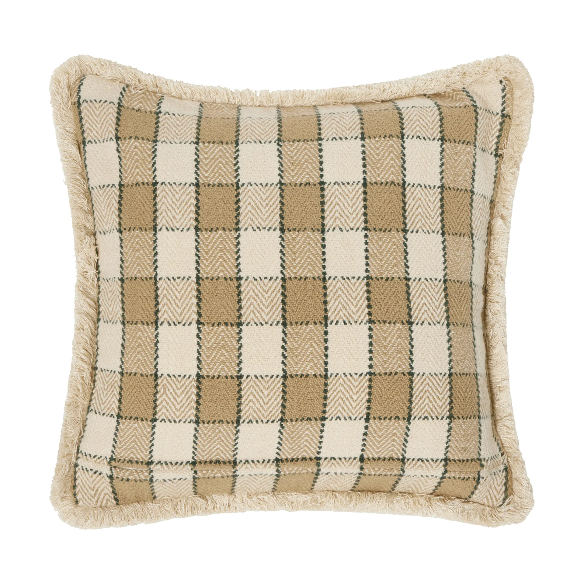Funda de cojín Checked organic cotton fringe, Beige-light beige-green Lexington