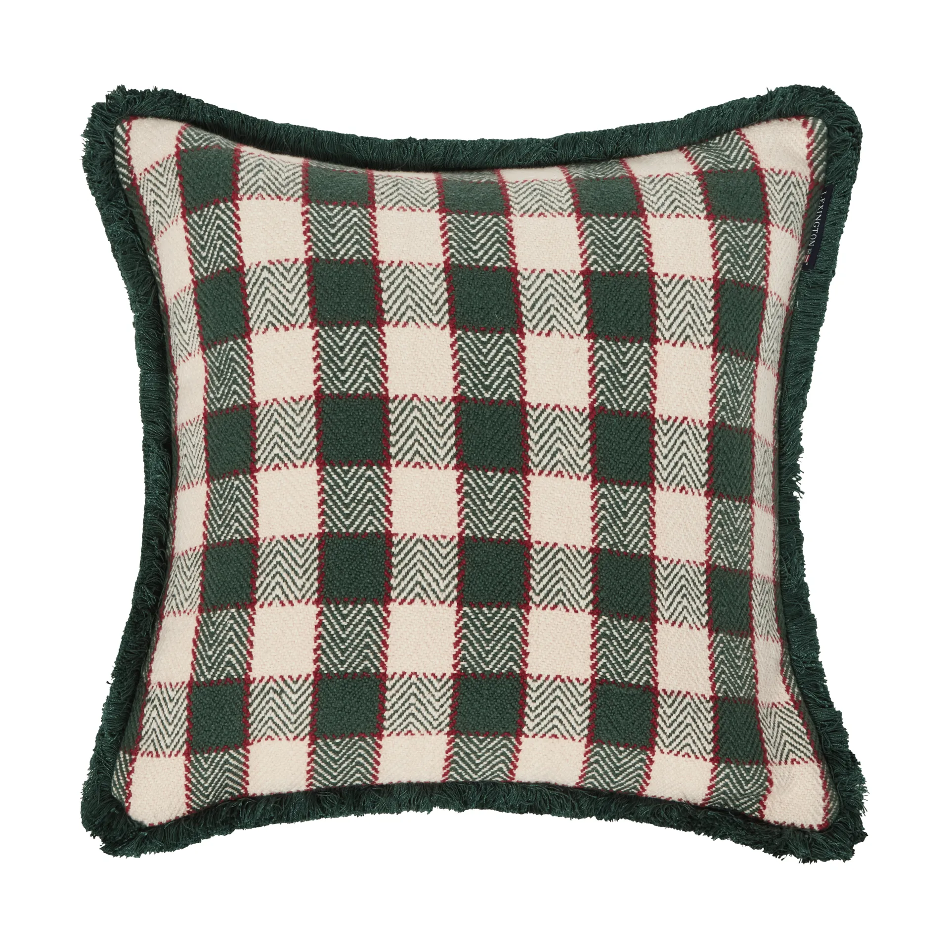 Funda de cojín Checked organic cotton fringe, Green-light beige-red Lexington