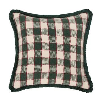 Funda de cojín Checked organic cotton fringe - Green-light beige-red - Lexington