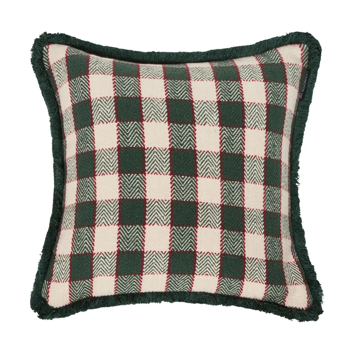 Funda de cojín Checked organic cotton fringe - Green-light beige-red - Lexington