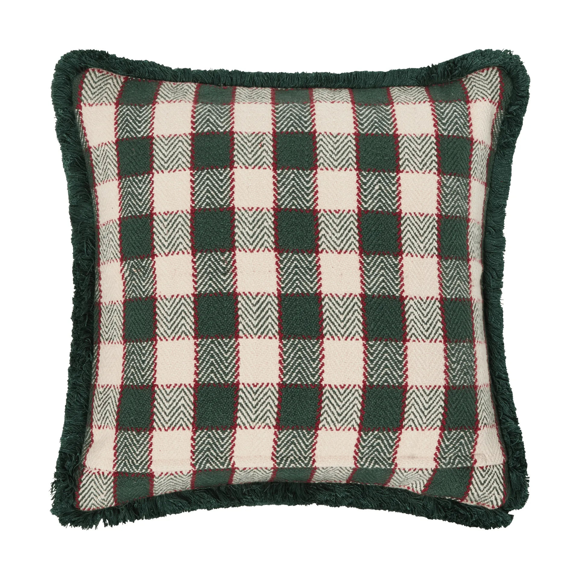 Funda de cojín Checked organic cotton fringe, Green-light beige-red Lexington