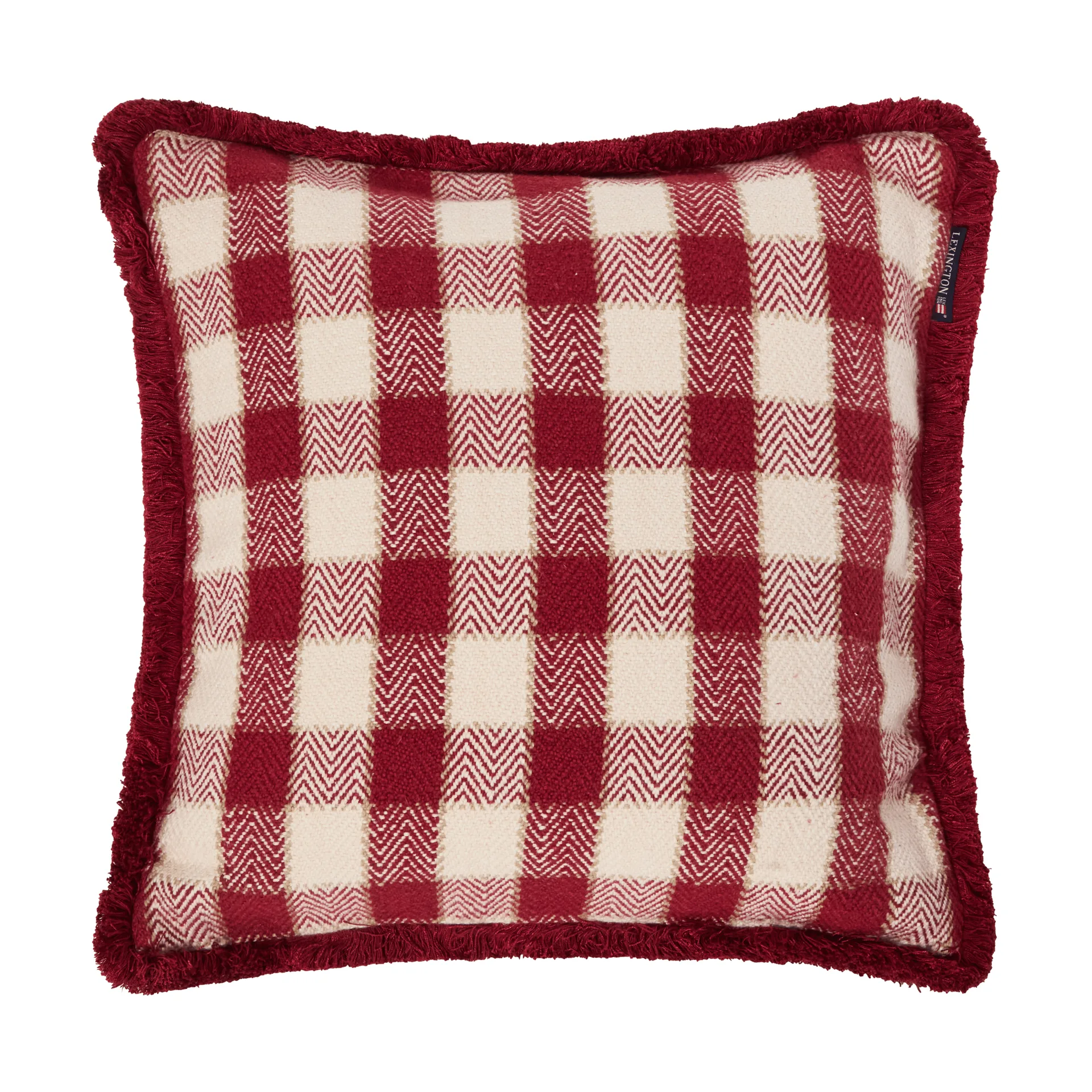 Funda de cojín Checked organic cotton fringe, Red-light beige-beige Lexington