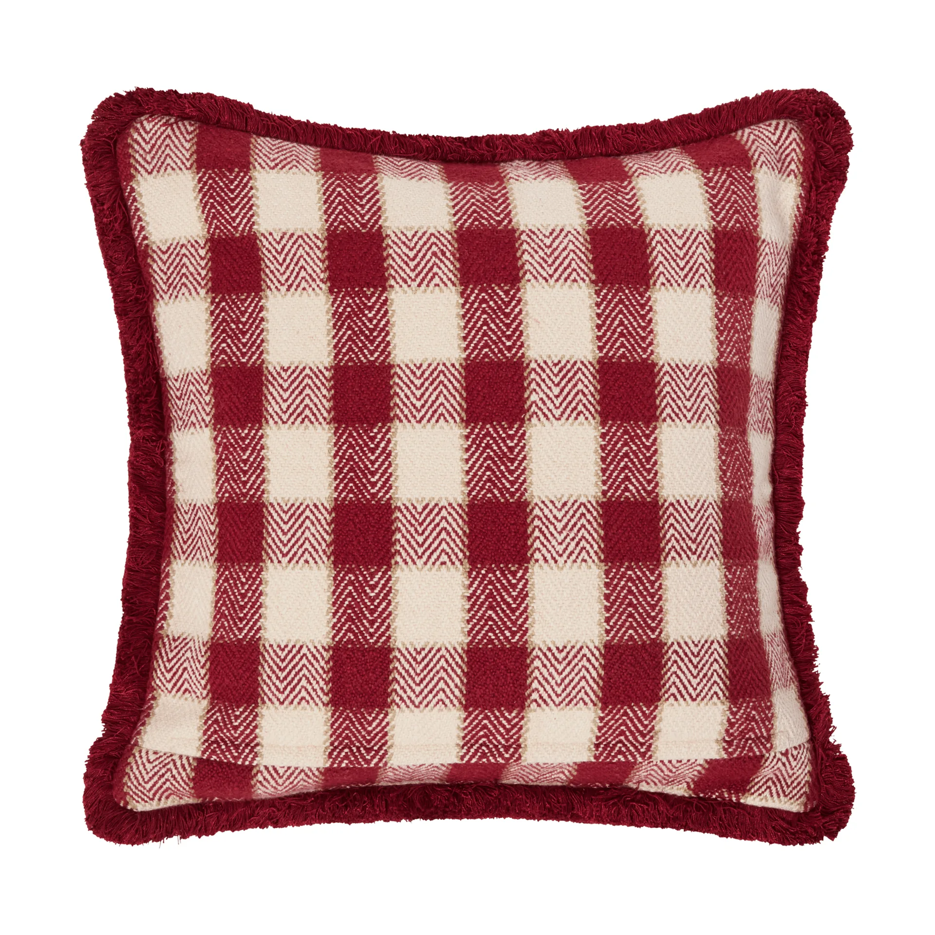 Funda de cojín Checked organic cotton fringe, Red-light beige-beige Lexington