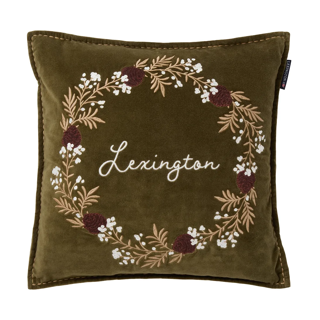 Funda de cojín Wreath terciopelo de algodón ecológico 50x50 cm, Olive-brown-white Lexington