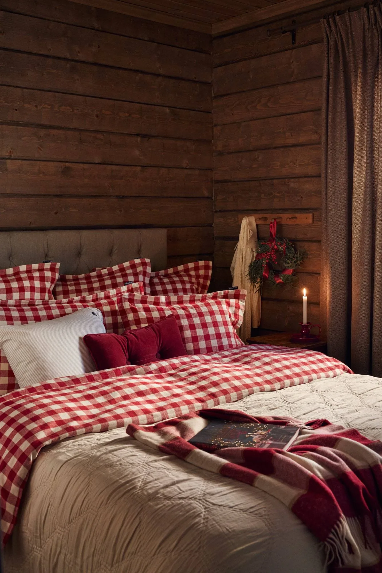 Juego de cama Checked cotton flannel, Red-light beige, 2 uds 50x60 cm/220x220 cm Lexington