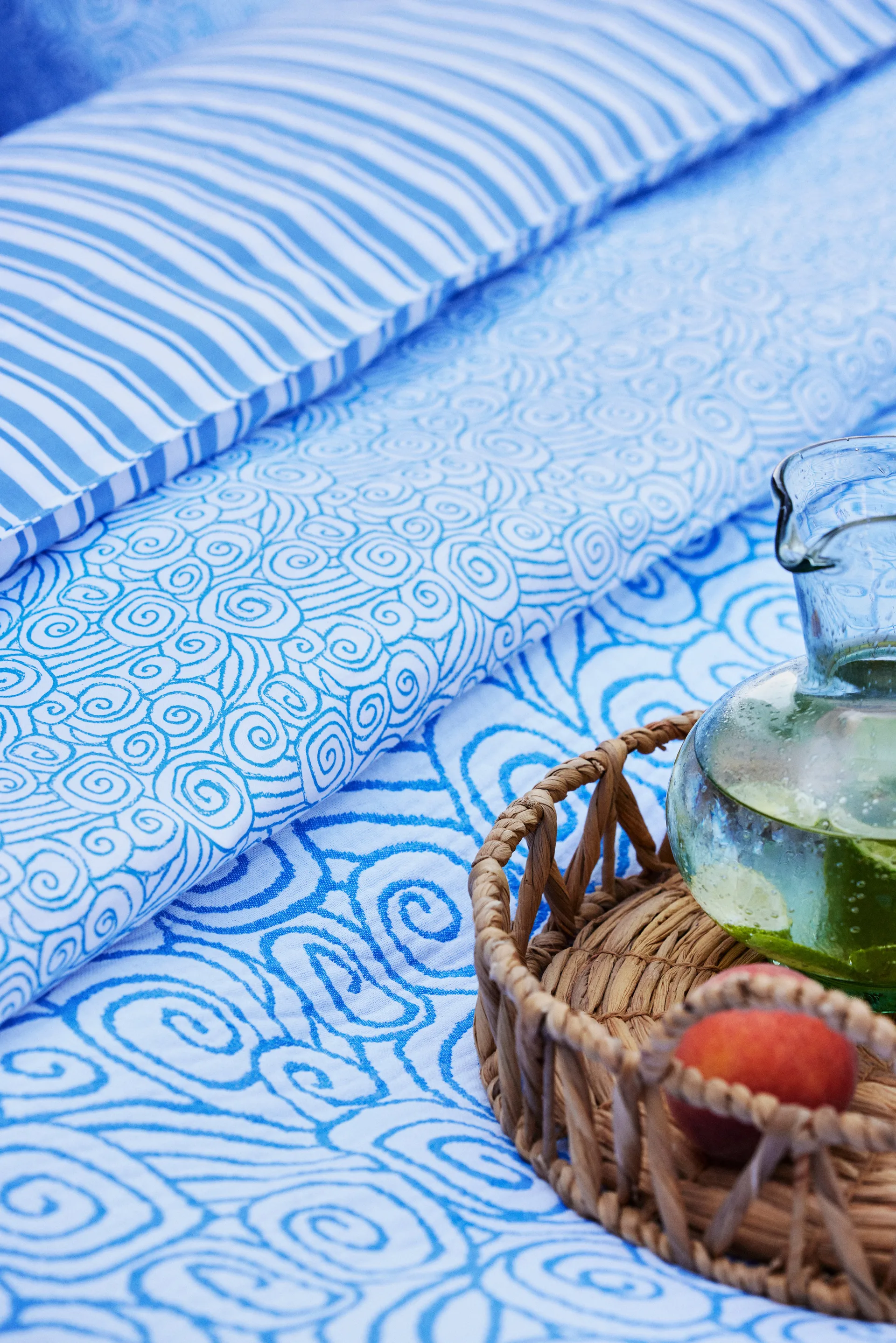 Juego de funda nórdica Wave Printed Cotton Sateen, White-Blue, 1 funda de almohada Lexington