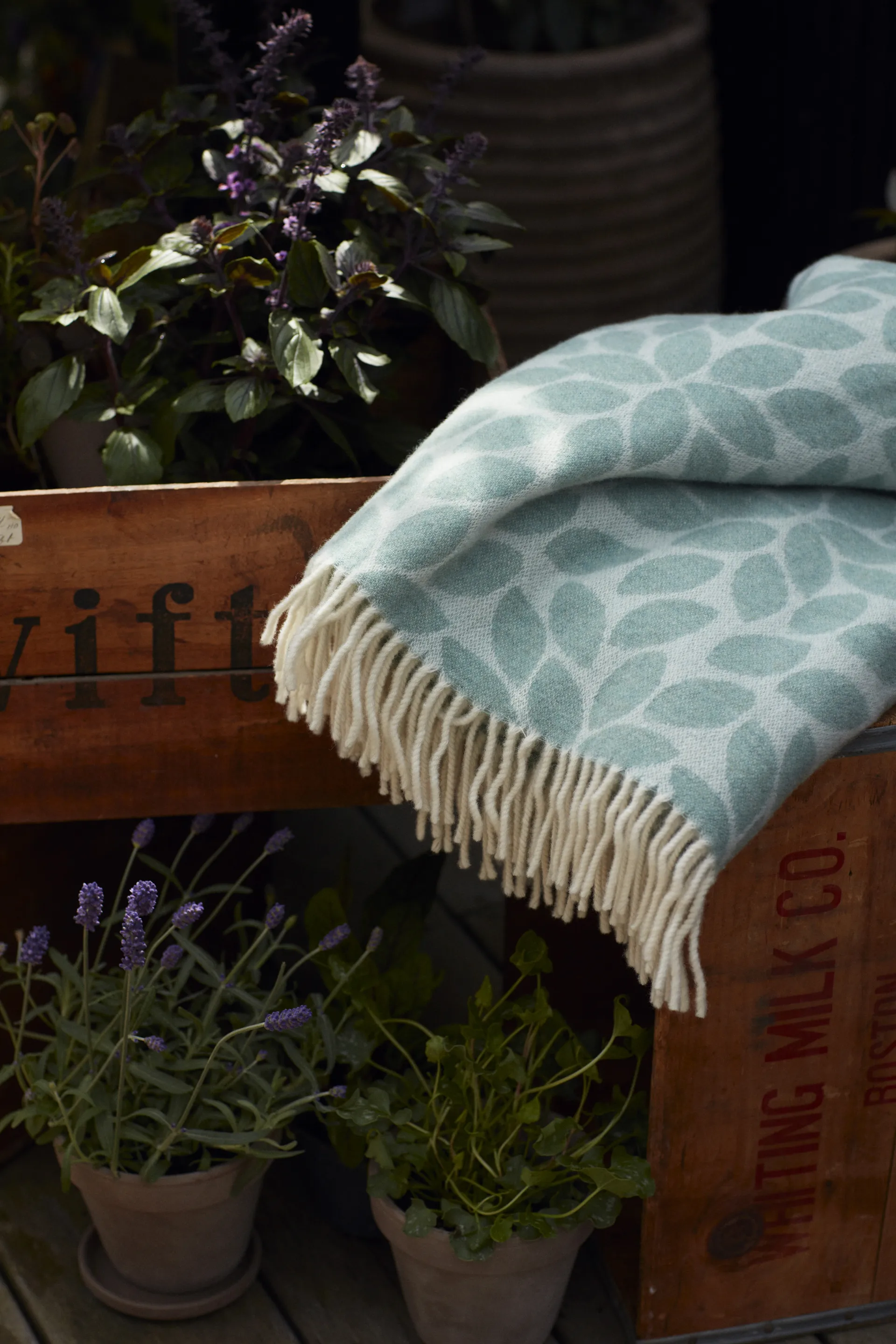 Manta lana Leaves Recycled Wool Jacquard 130x170 cm, verde Lexington