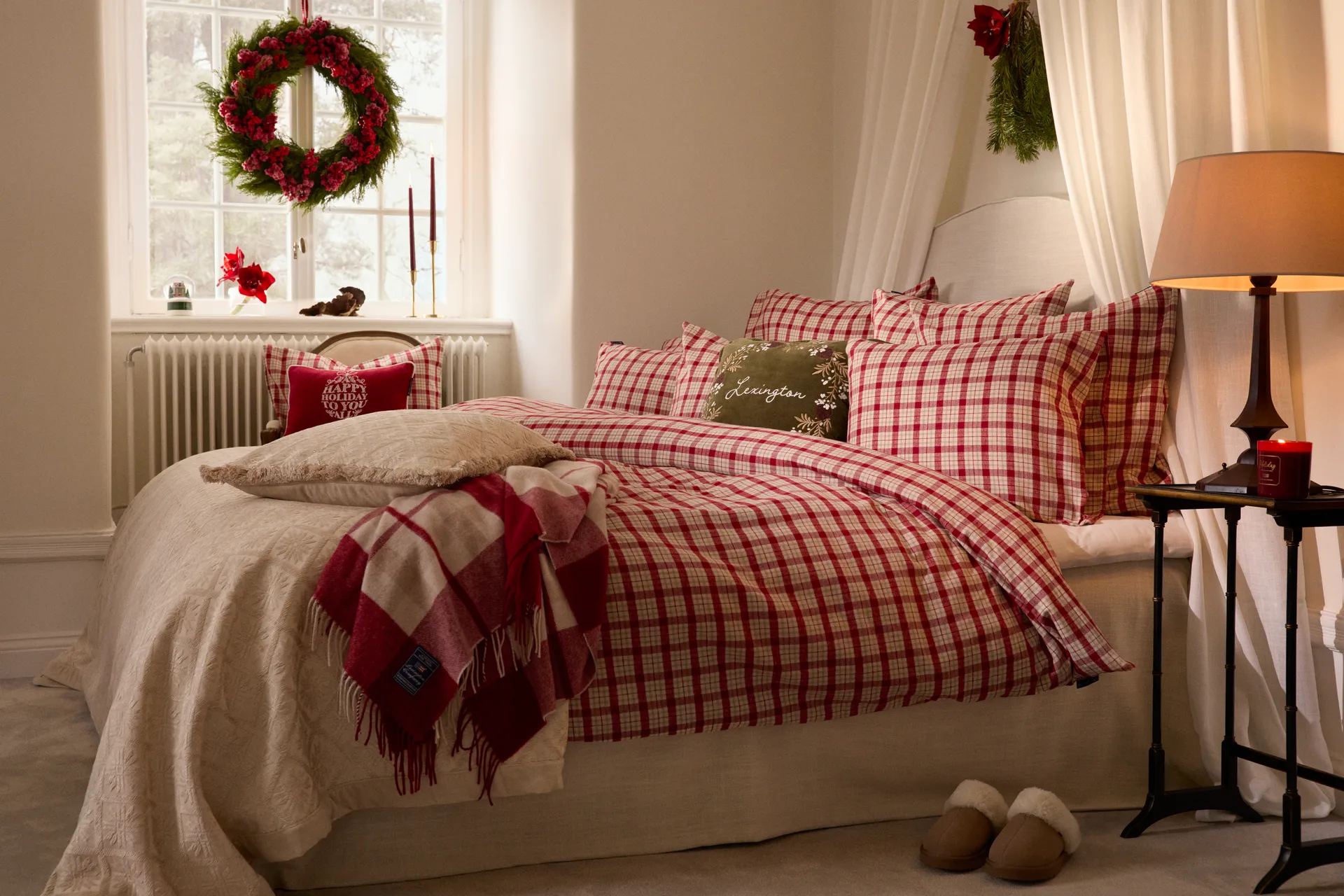 Manta Red-beige Checked de lana reciclada 130x170 cm, Red-beige Lexington